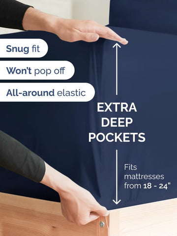 CGK Unlimited navy blue extra-deep queen sheet set deep pocket accommodates thick mattresses.