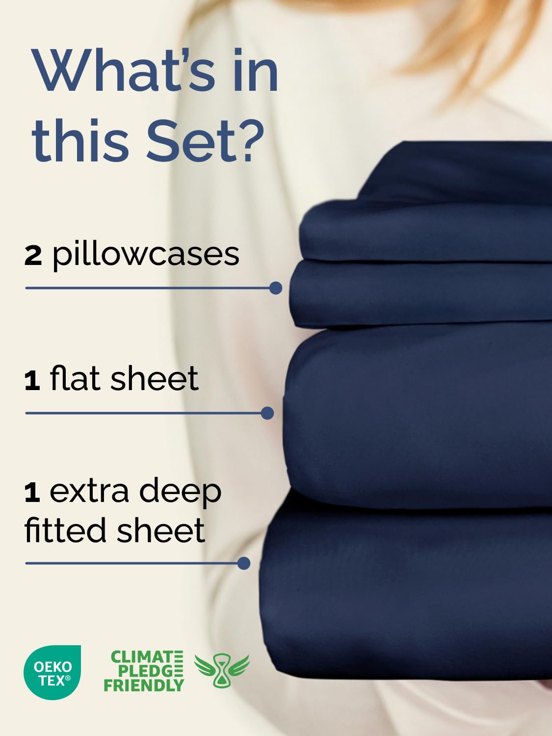 CGK Unlimited navy blue extra-deep queen sheet set on bed shows secure 18-24 inch fit.