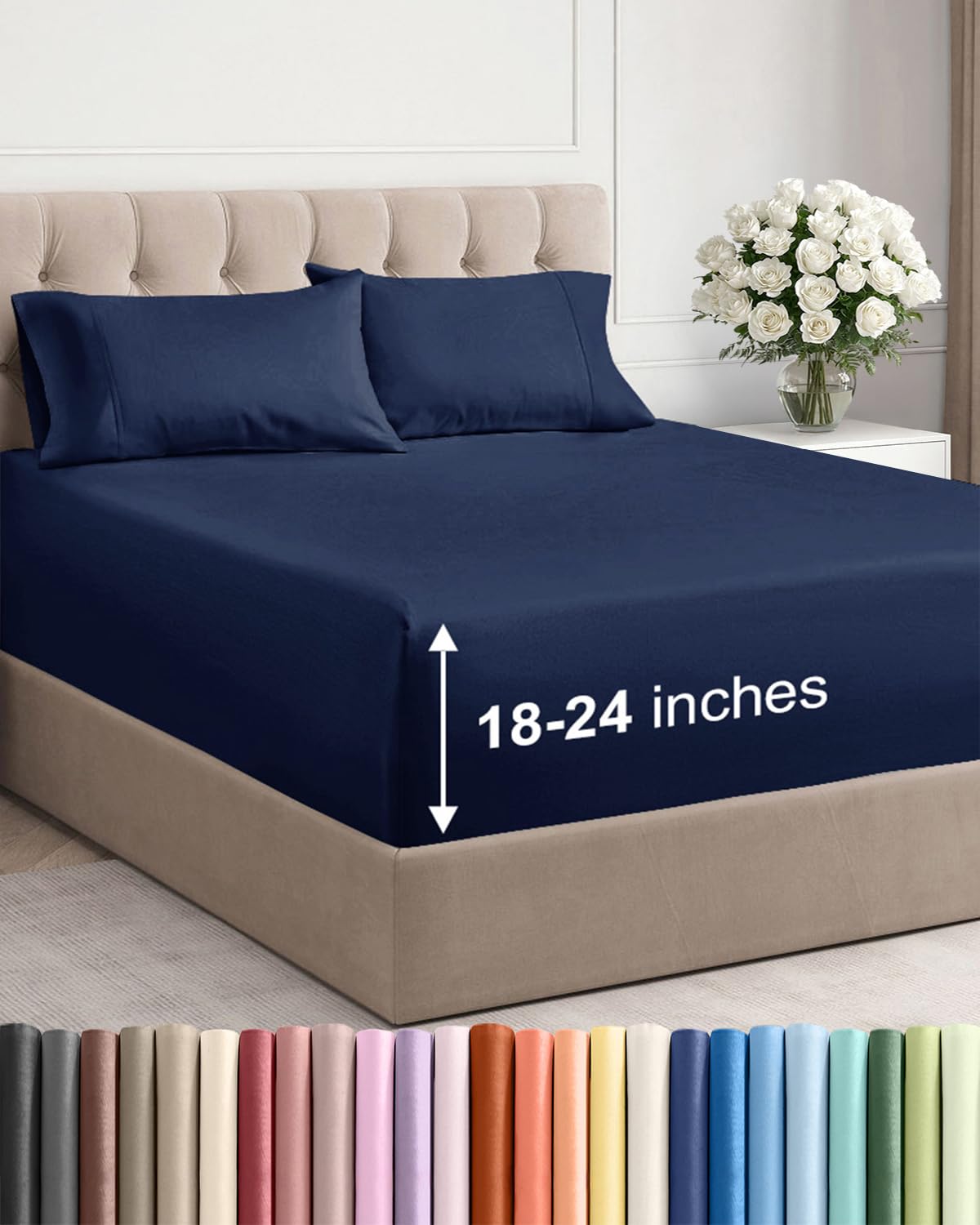 CGK Unlimited navy blue extra-deep queen sheet set packaging highlights premium presentation.