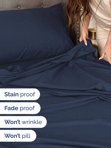 CGK Unlimited navy blue extra-deep queen sheet set topper fit keeps fabric smooth.