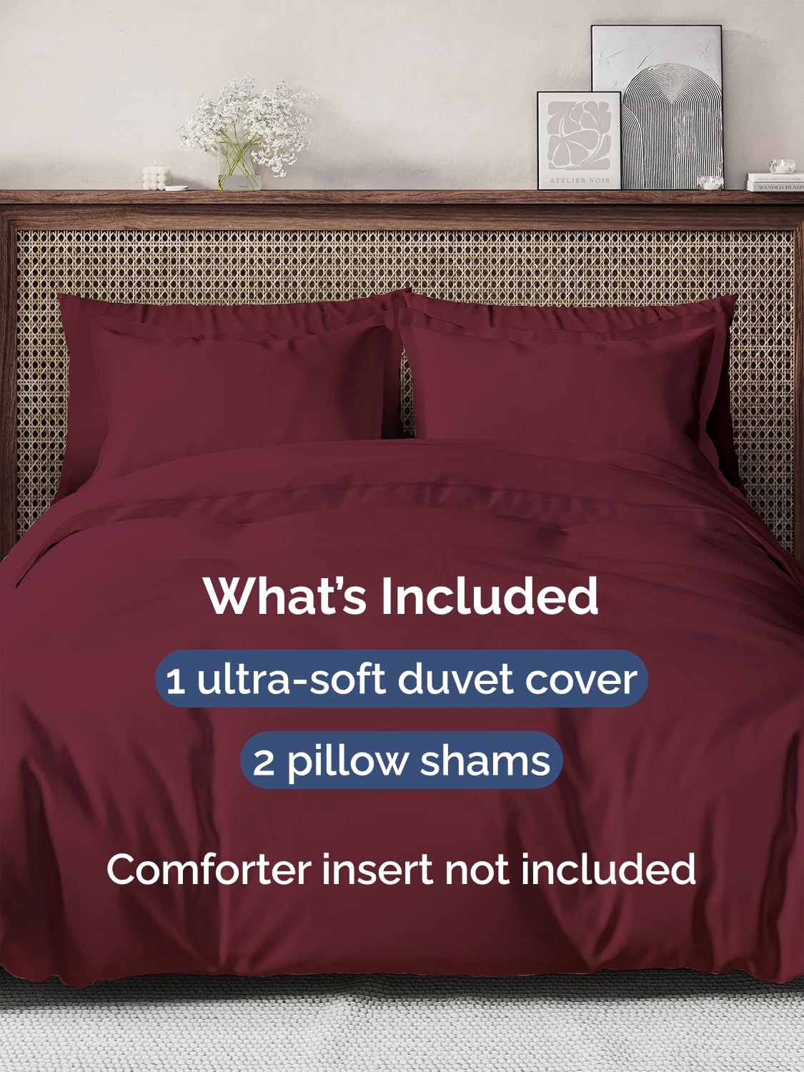 CGK Unlimited burgundy pillow shams closeup highlighting secure ties and zipper closure.
