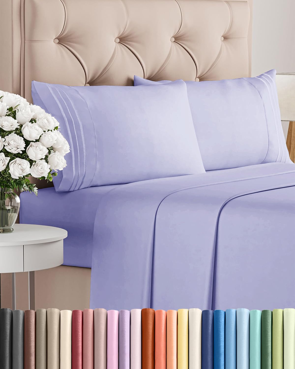 CGK Unlimited queen 4pc lavender set packaging highlights premium quality.