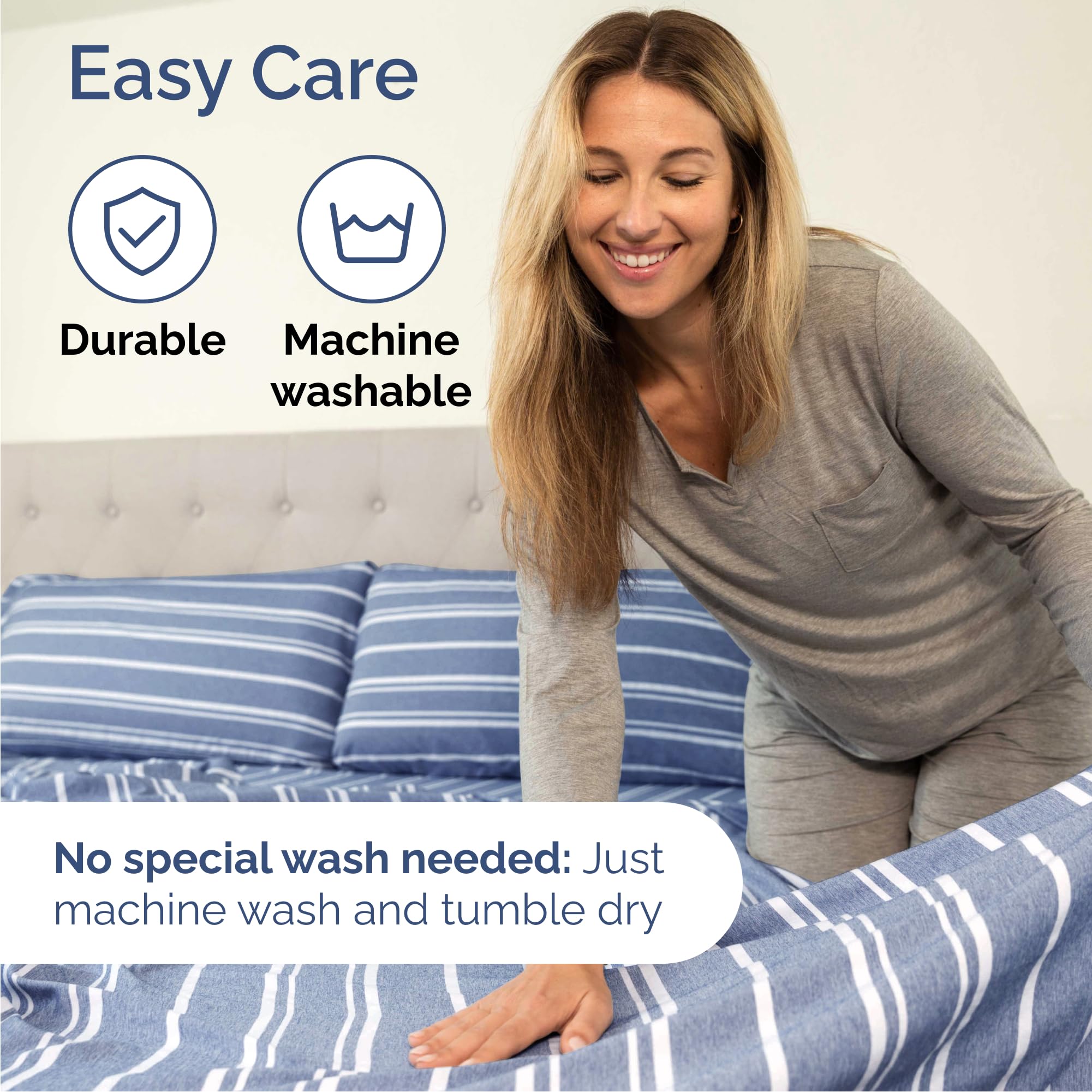 CGK Unlimited Queen 6-piece sheet set blue stripes add hotel-style flair to any bedroom.
