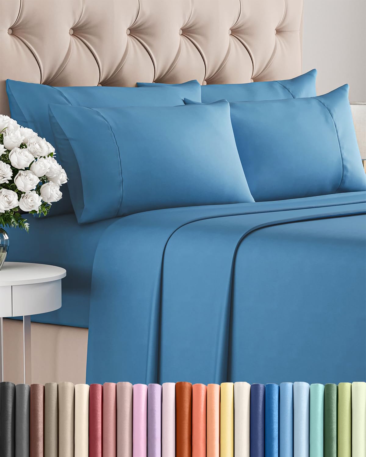 CGK Unlimited queen 6-piece sheet set in denim blue, soft and breathable for nightly comfort.