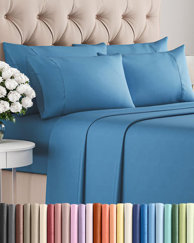 CGK Unlimited queen 6-piece sheet set in denim blue, soft and breathable for nightly comfort.