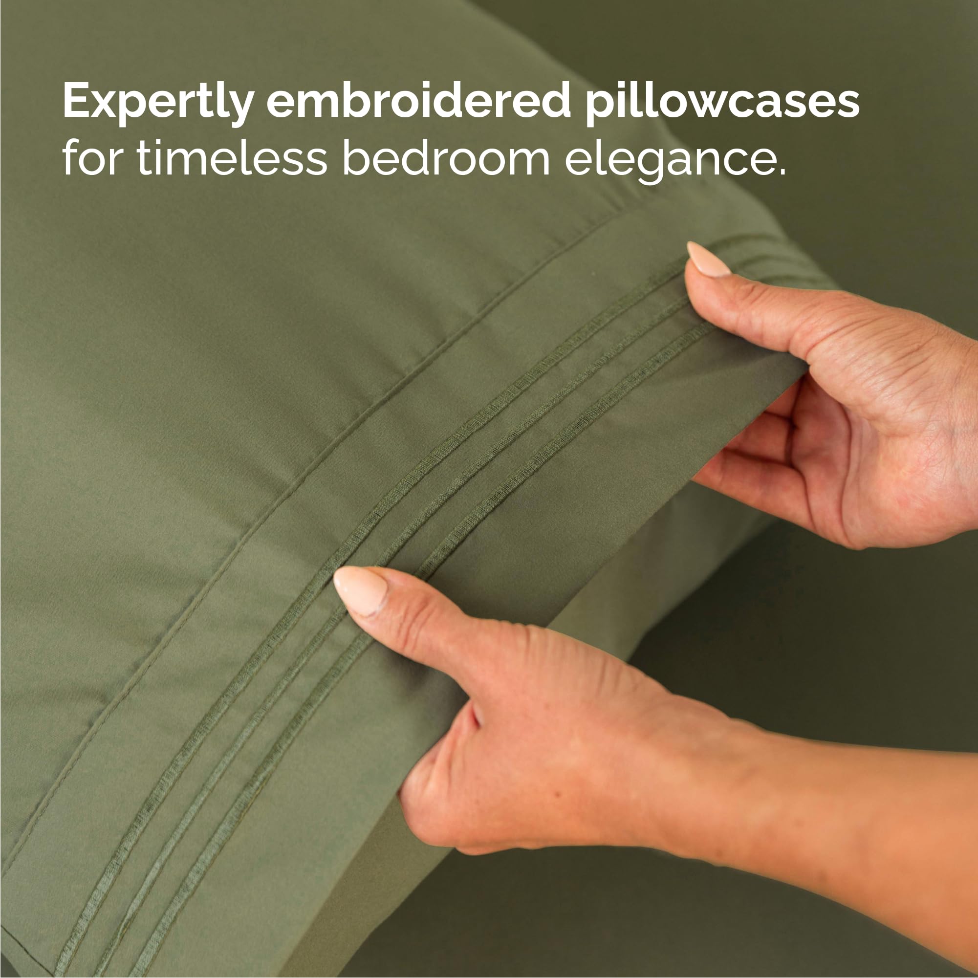 CGK Unlimited bedroom scene with sage-green sheets creating a calm, inviting retreat.