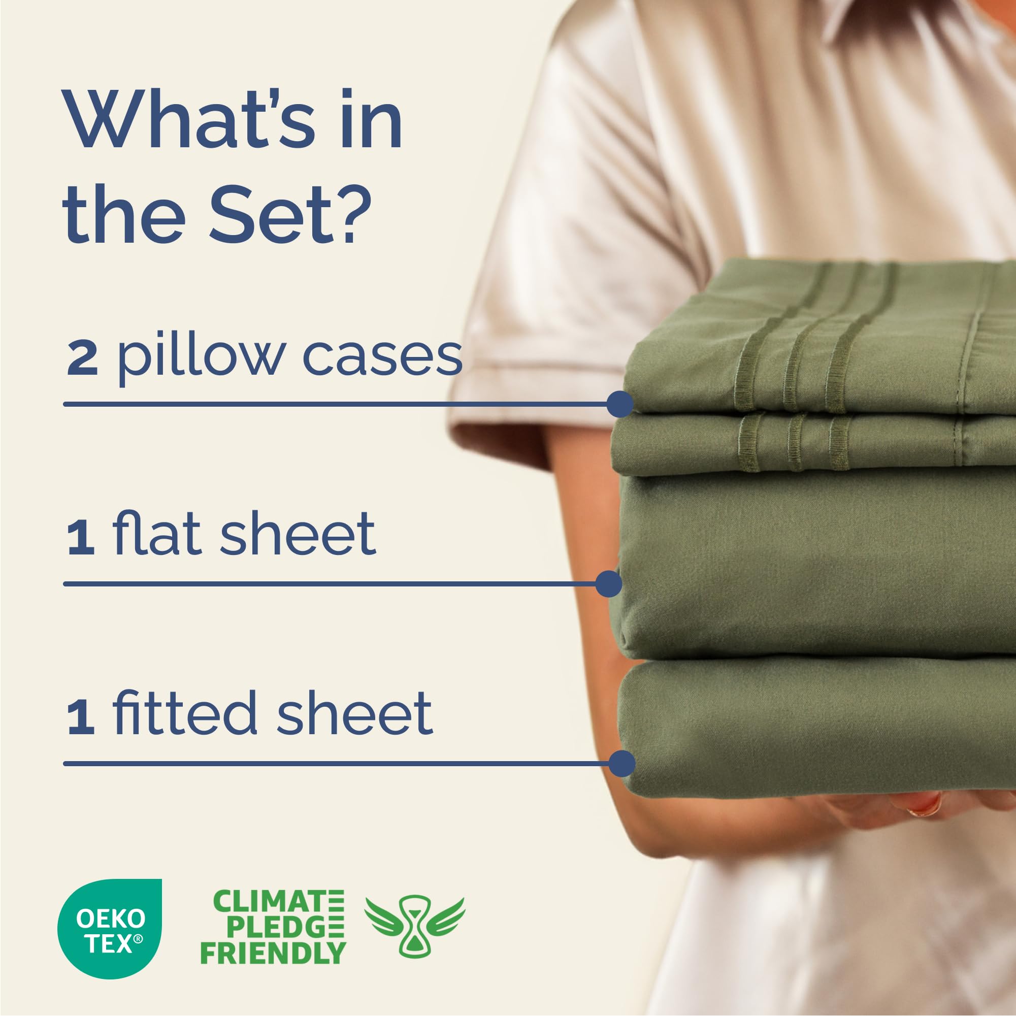 CGK Unlimited queen fitted sheet sage green highlights deep pockets for secure mattress fit.