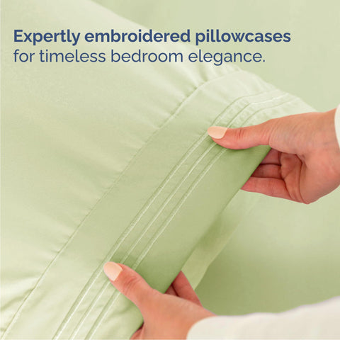 CGK Unlimited light sage green sheets add calm color to a room