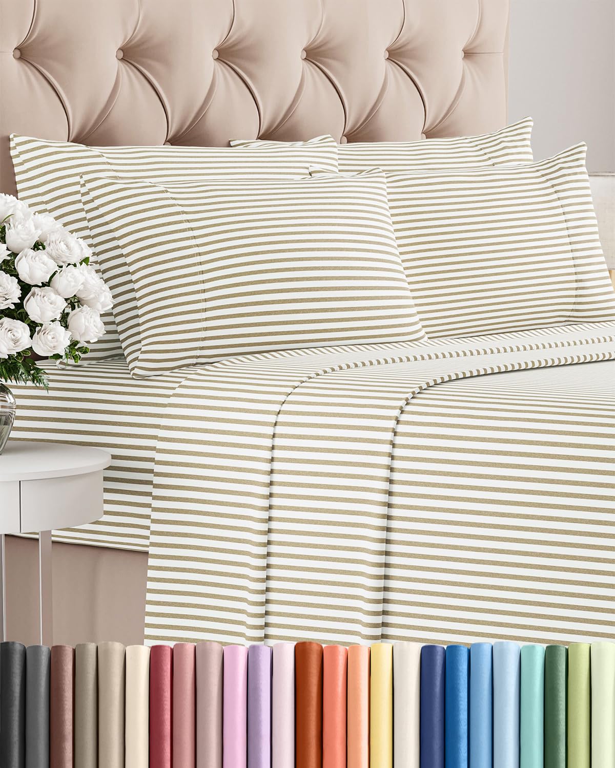 CGK Unlimited queen flat sheet beige stripes for breathable cooling and silky feel