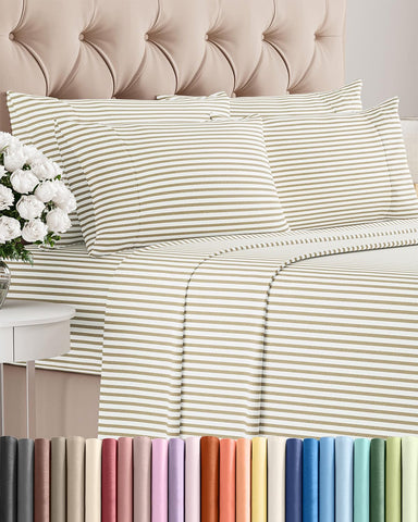 CGK Unlimited queen flat sheet beige stripes for breathable cooling and silky feel