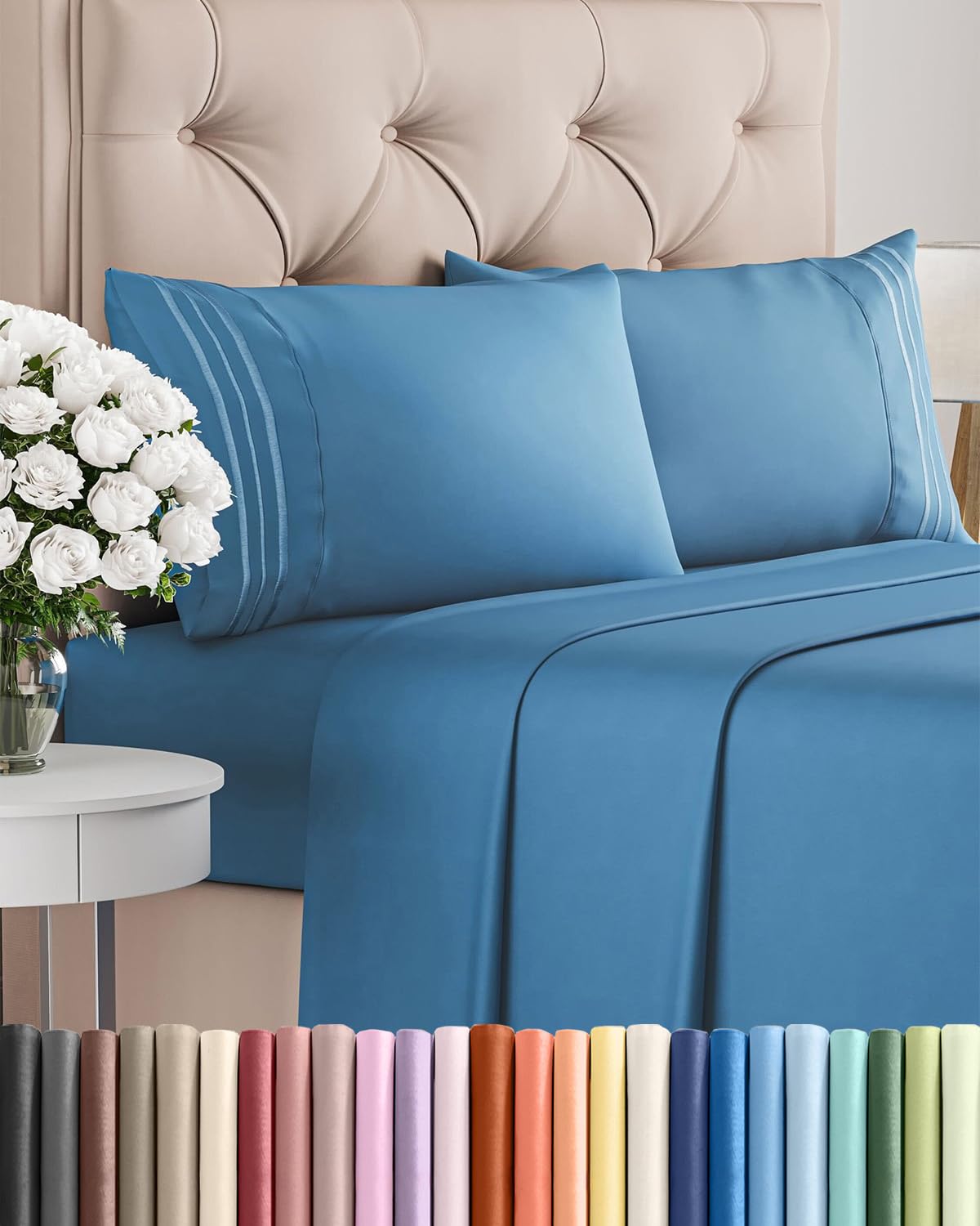 CGK Unlimited queen sheet set denim blue close-up showing silky-soft, breathable microfiber.