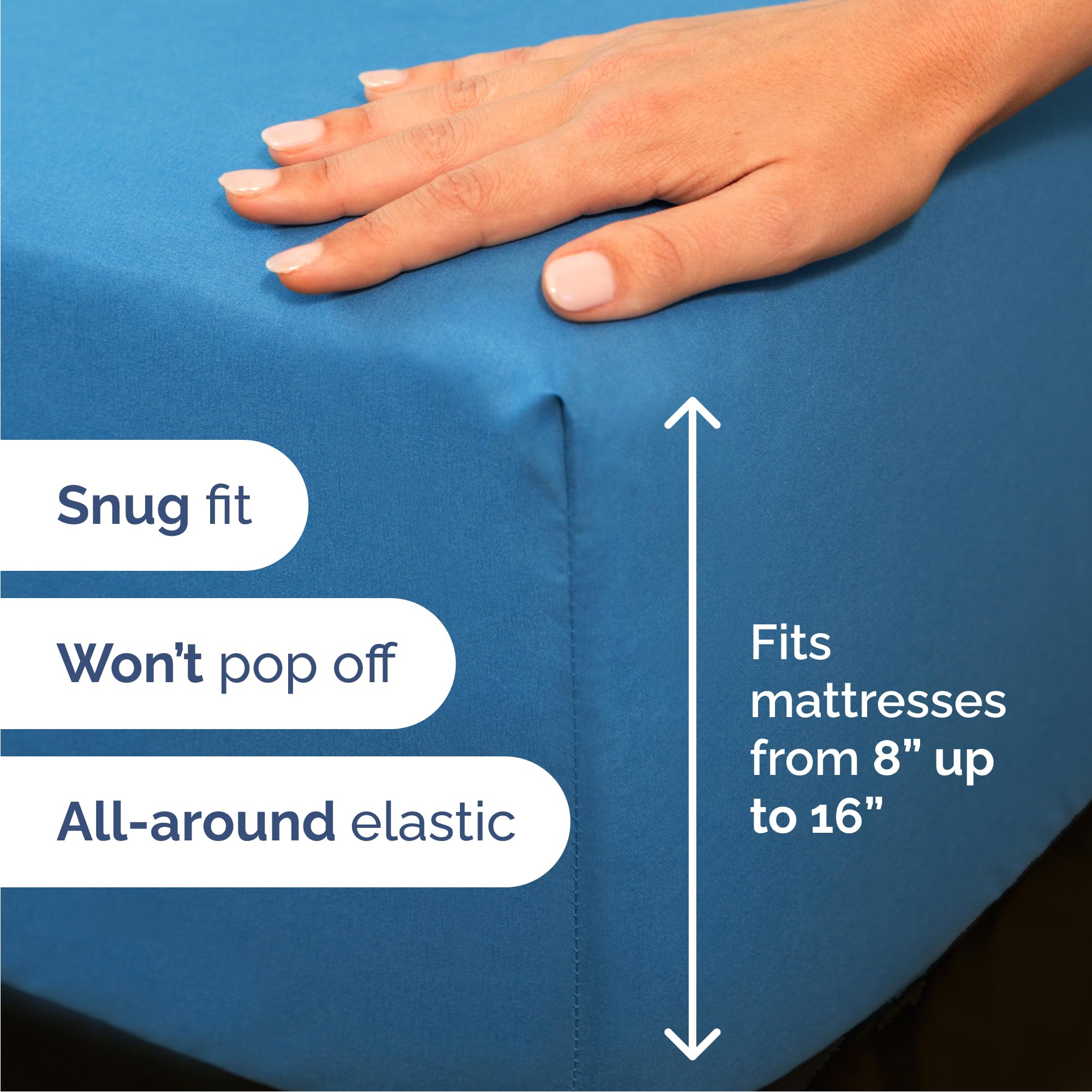 CGK Unlimited queen denim blue fitted sheet demonstrating deep pocket fit and easy stretch.