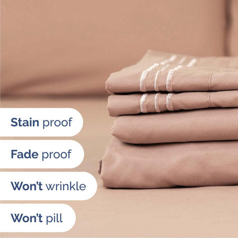 CGK Unlimited mauve sheet set feels light and wrinkle-free for easy care.