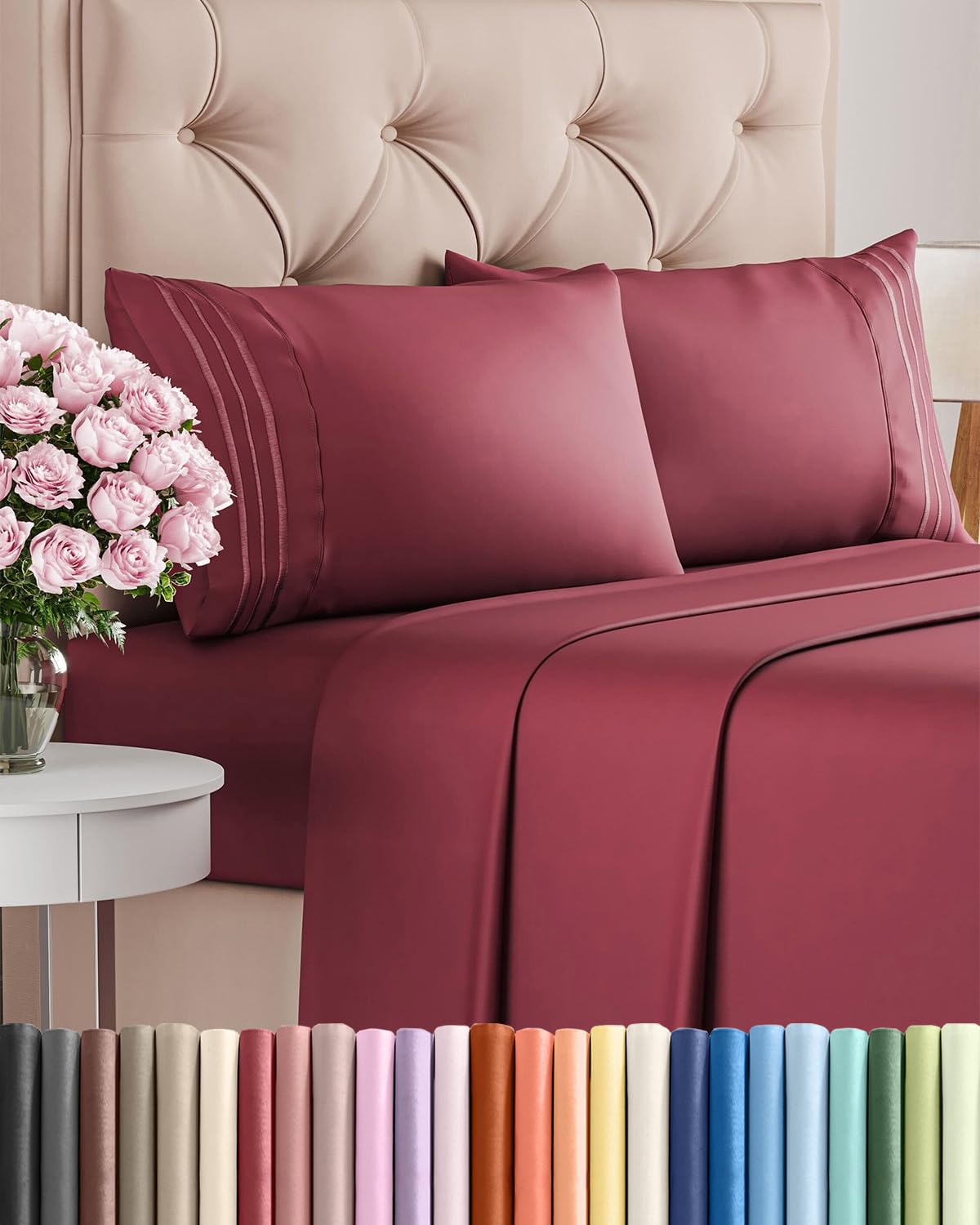 CGK Unlimited queen-size burgundy sheet set close-up texture showcasing softness