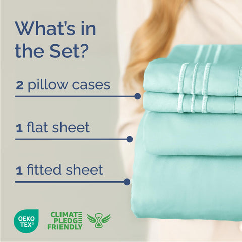 CGK Unlimited queen set folded on bed showing flat sheet dimensions