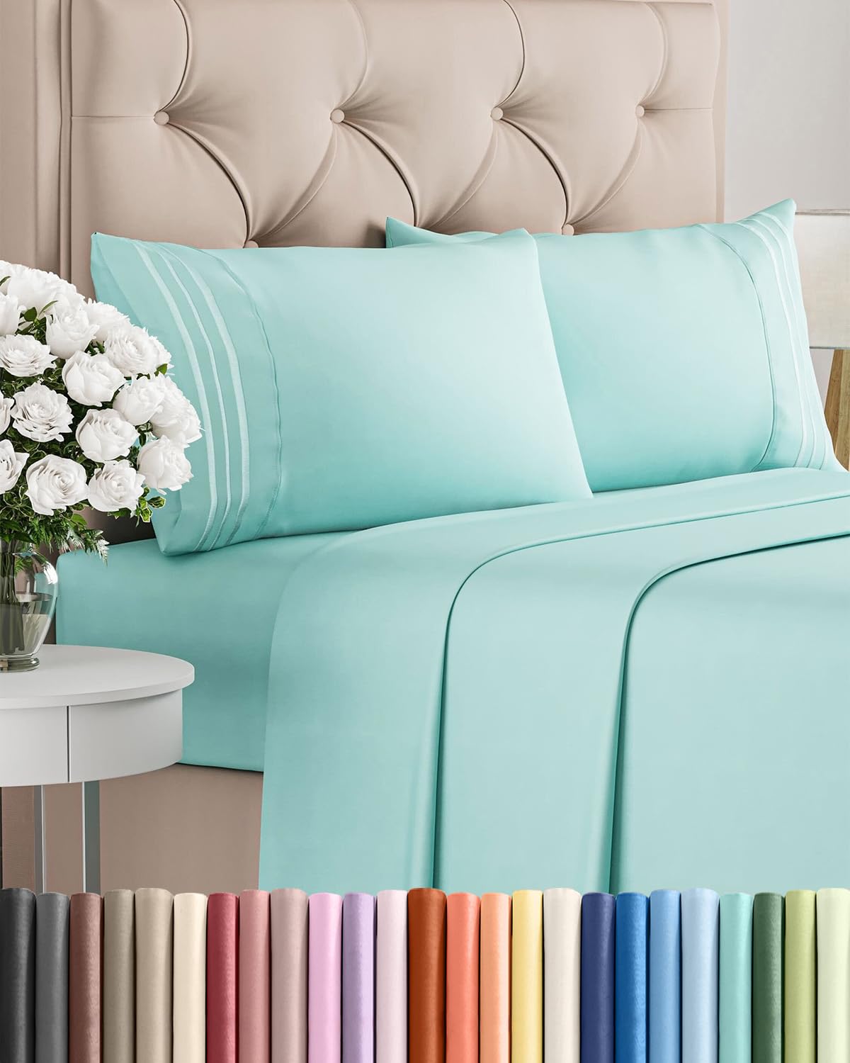 CGK Unlimited Queen Size sheet set in spa blue close-up fabric texture for softness