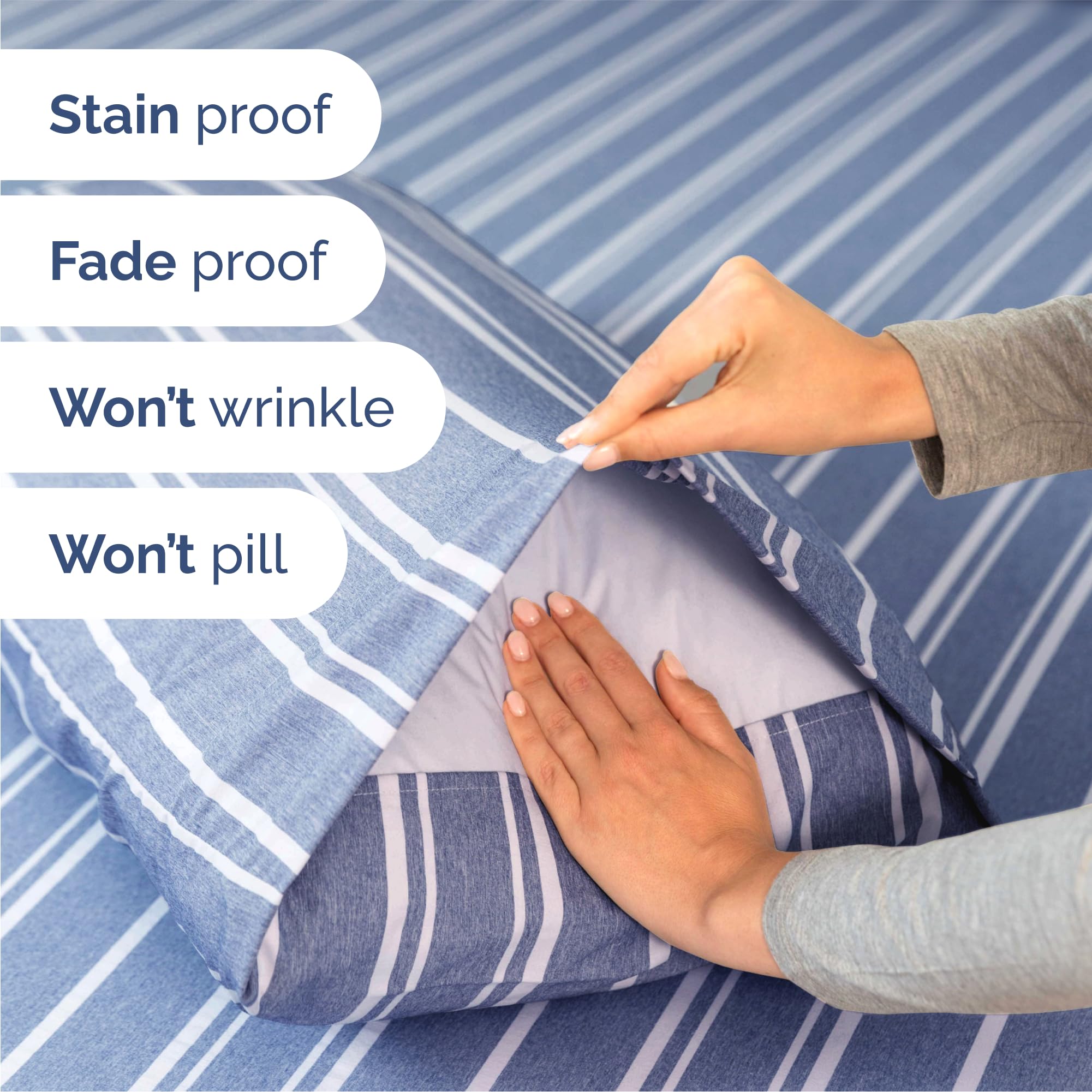 CGK Unlimited blue stripes pattern in bedroom scene adding hotel-style ambience