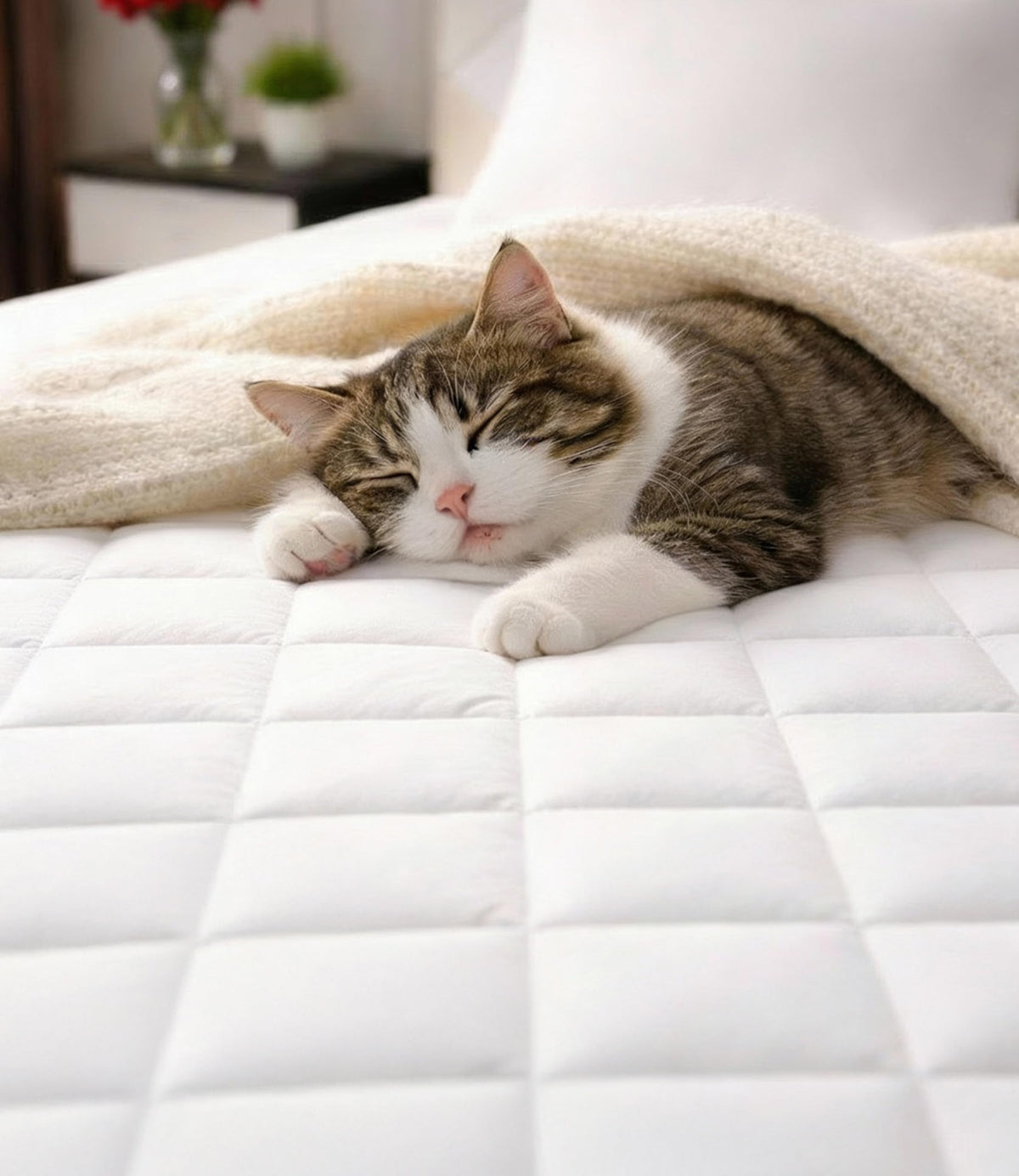 CGK Unlimited quilted fitted mattress pad on king bed adds protective, breathable surface
