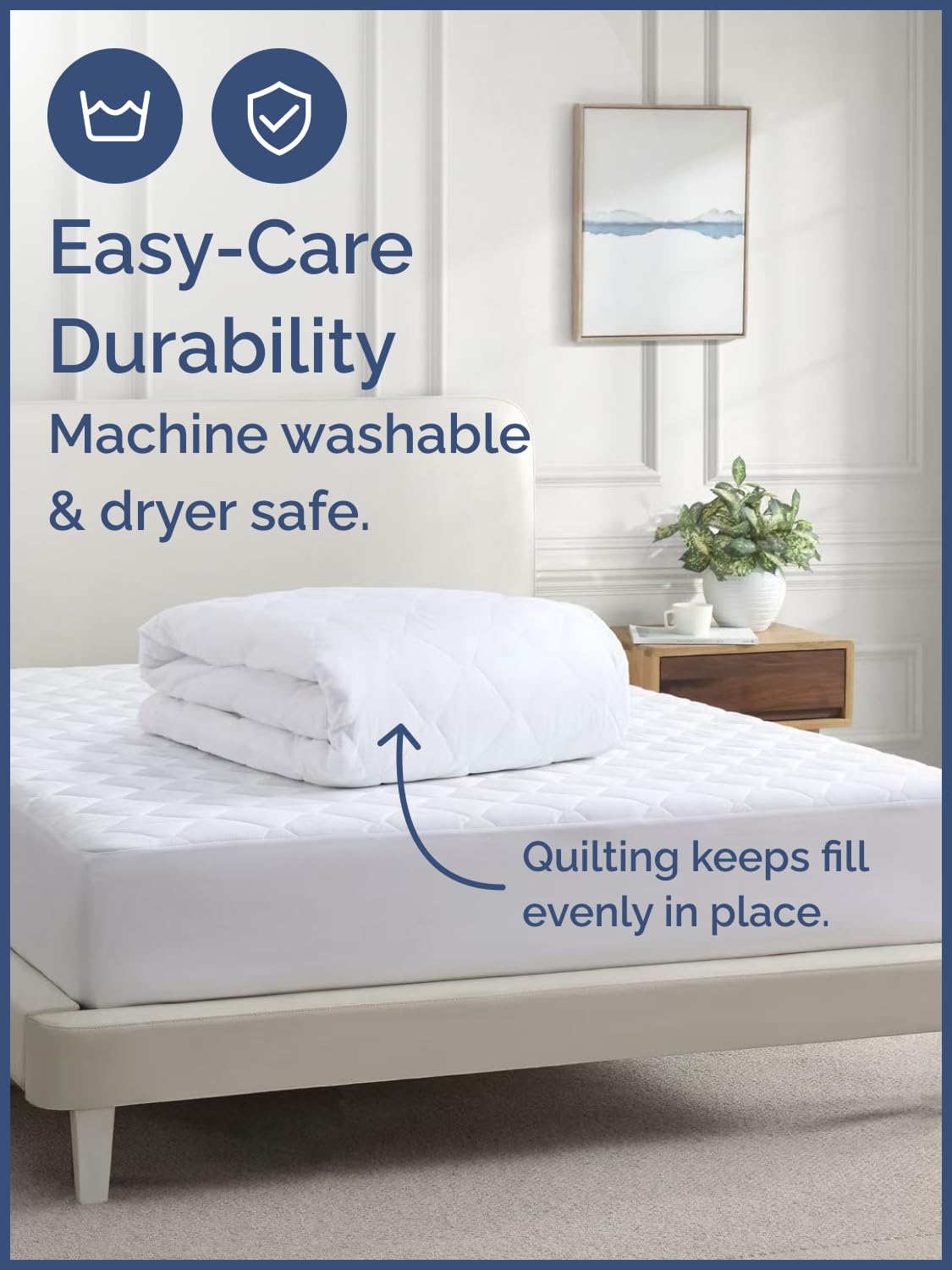 CGK Unlimited mattress pad showing easy care with machine washable design