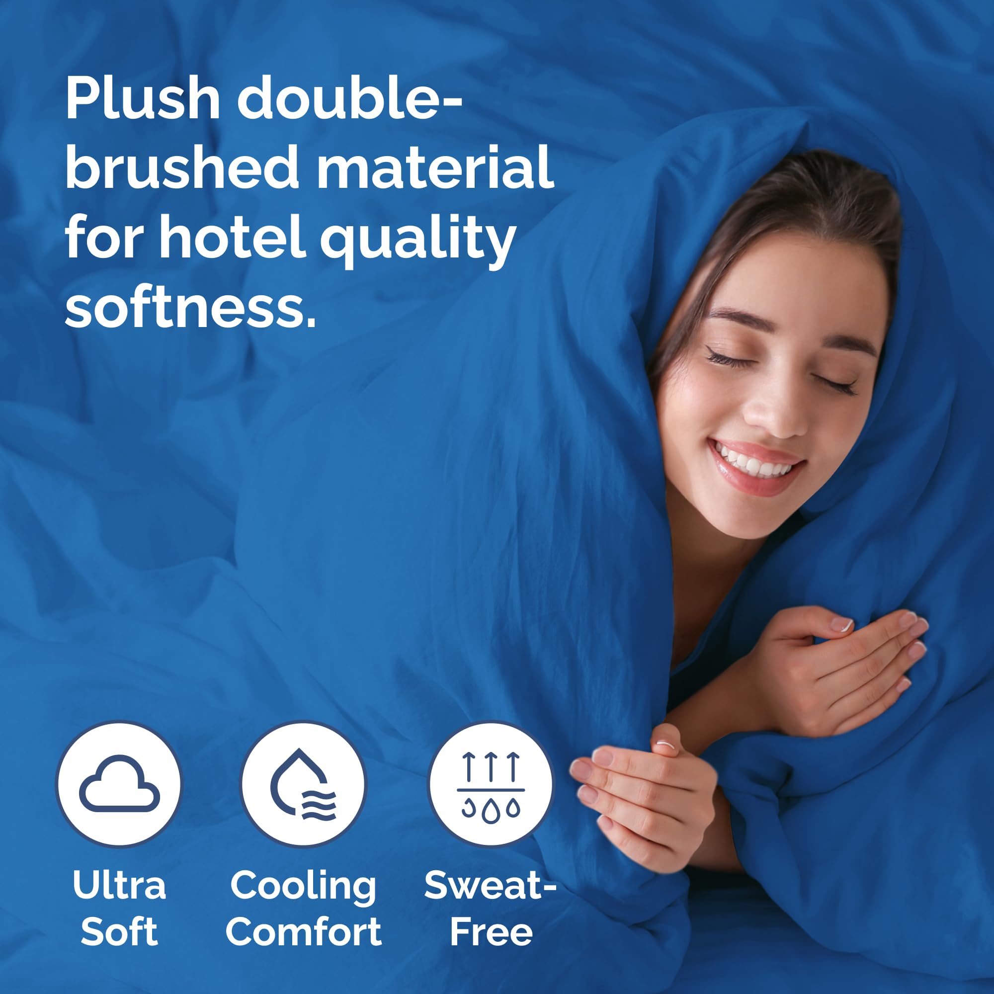 Royal blue CGK duvet cover close-up, plush double-brushed fabric.
