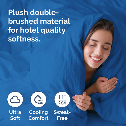 Royal blue CGK duvet cover close-up, plush double-brushed fabric.