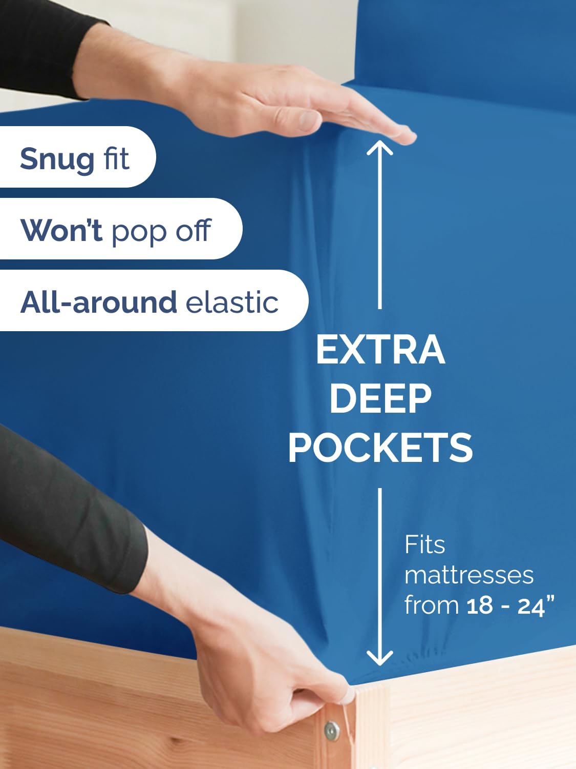 CGK Unlimited royal blue king fitted sheet close-up fabric texture shows softness