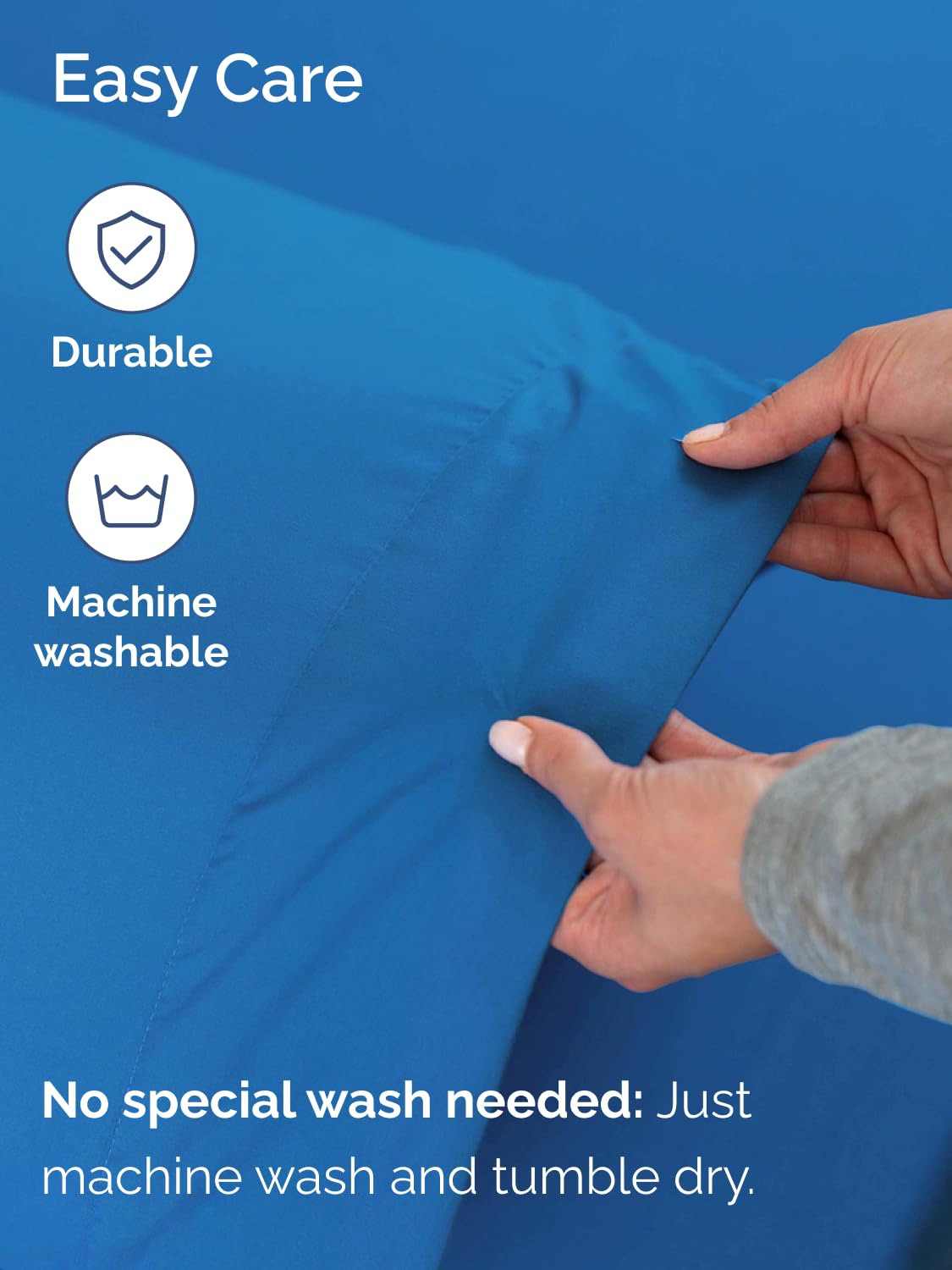 Royal blue CGK Unlimited bed sheets add hotel-inspired luxury.