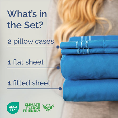 CGK Unlimited royal blue sheet set folded for quick, mess-free setup