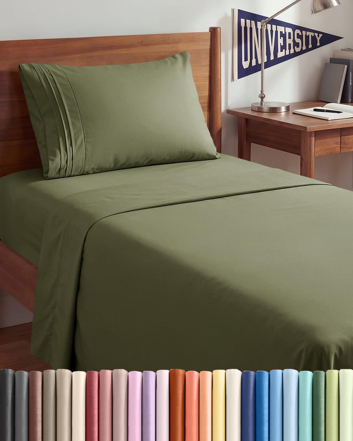 CGK Unlimited sage green twin-xl sheet set on bed, offering hotel-luxe look and cozy comfort.