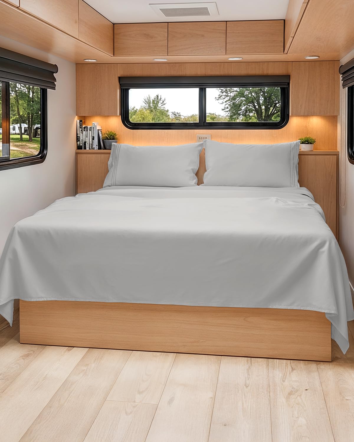 CGK Unlimited Short Queen Sheet Set front view showcases the soft French Grey finish for RV bedding.