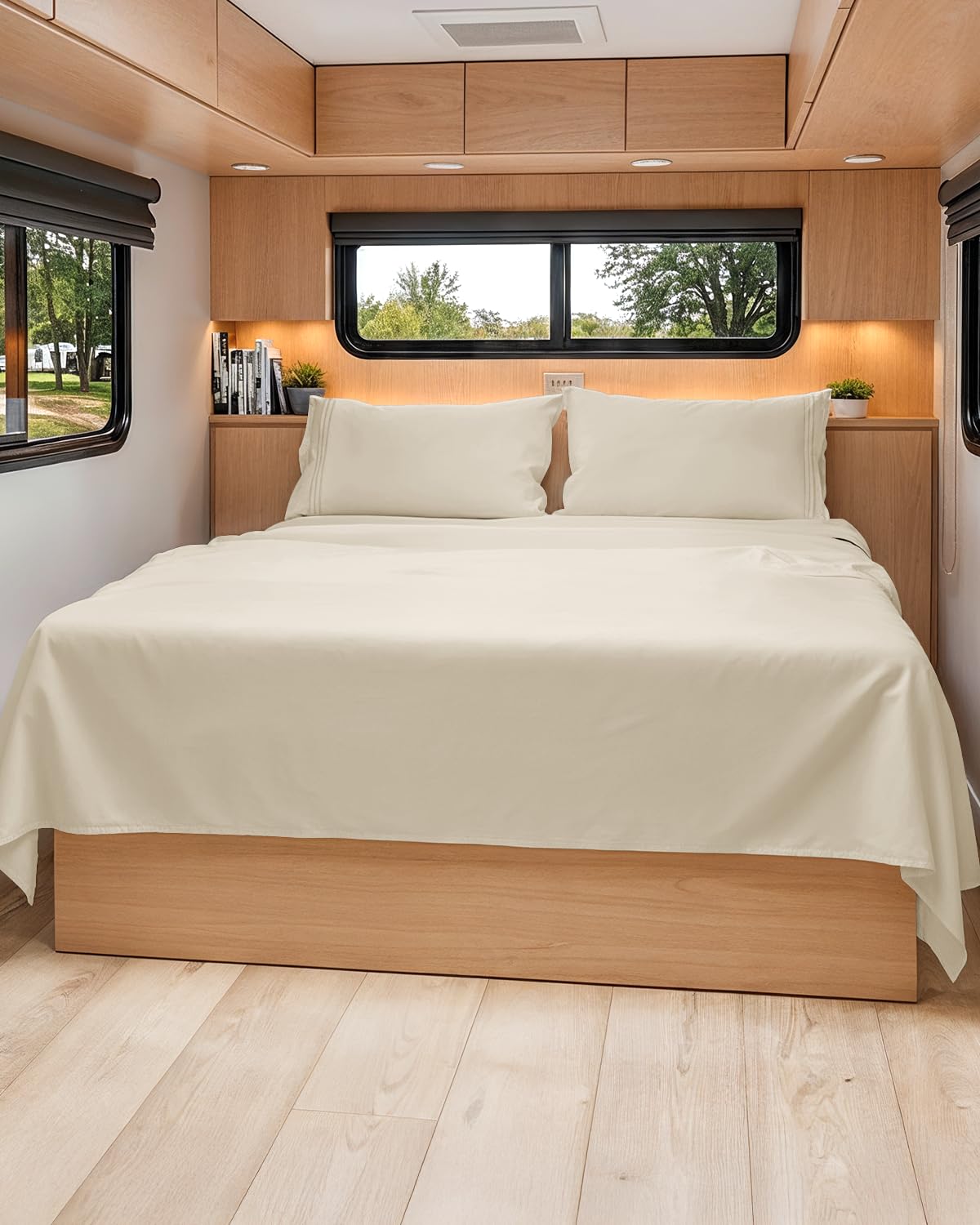 CGK Unlimited wheat short queen sheets flat lay for luxurious, breathable bedroom comfort.