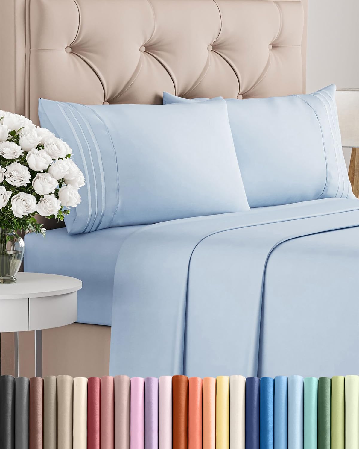 CGK Unlimited sky blue full-size sheet set folded for dream-ready comfort