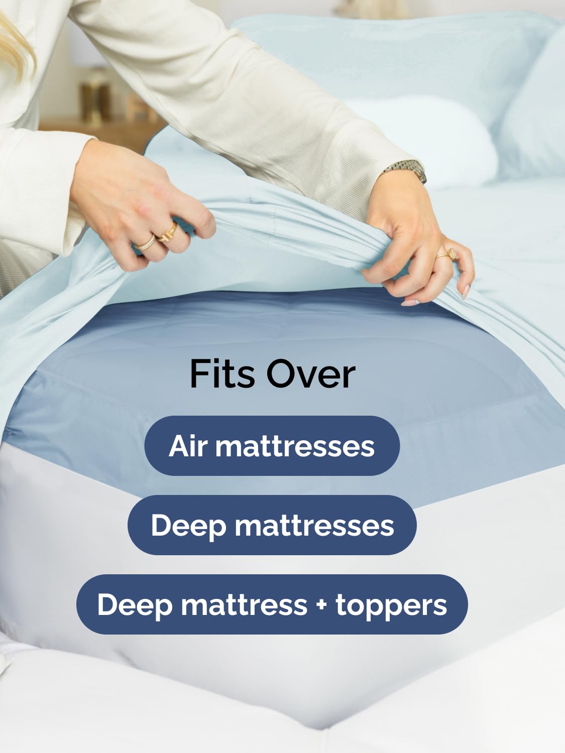 Soft, luxurious CGK Unlimited ice blue king fitted sheet for a luxurious night.