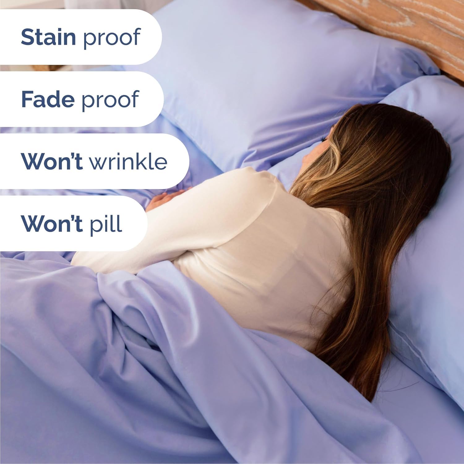 Soft silky finish of CGK Unlimited lavender sheets for all-night comfort.