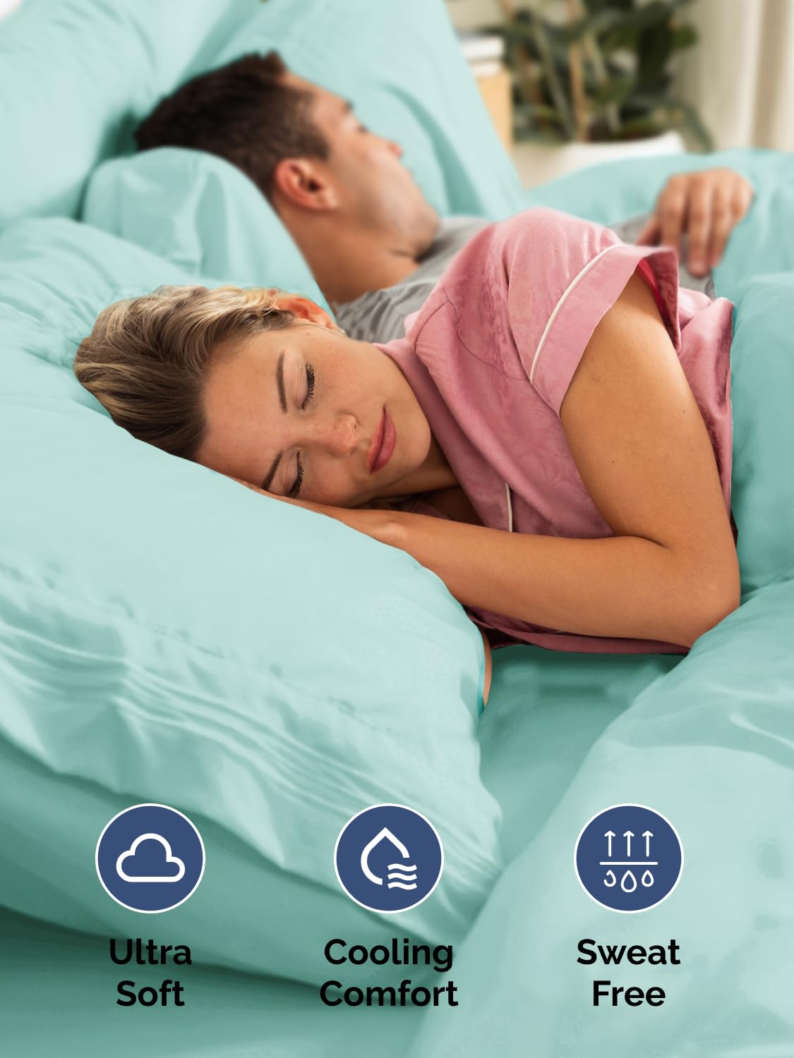CGK Unlimited spa blue king fitted sheet close-up, premium double-brushed fabric for lasting softness
