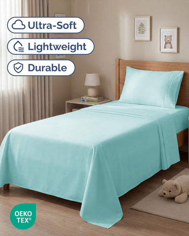 CGK Unlimited Spa Blue twin fitted sheet showcases deep pockets for easy fit