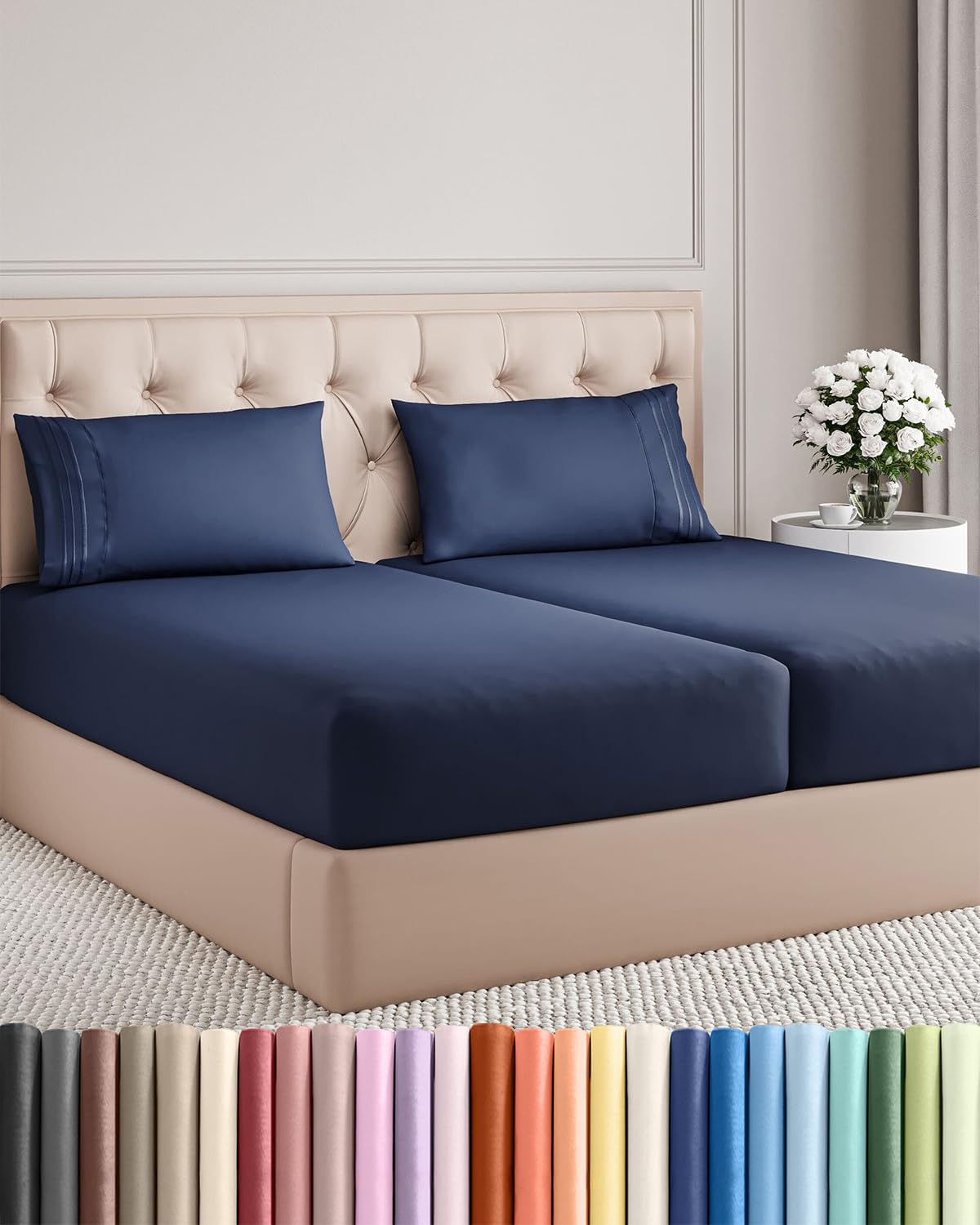 CGK Unlimited split king navy flat sheet showing cooling, smooth surface.