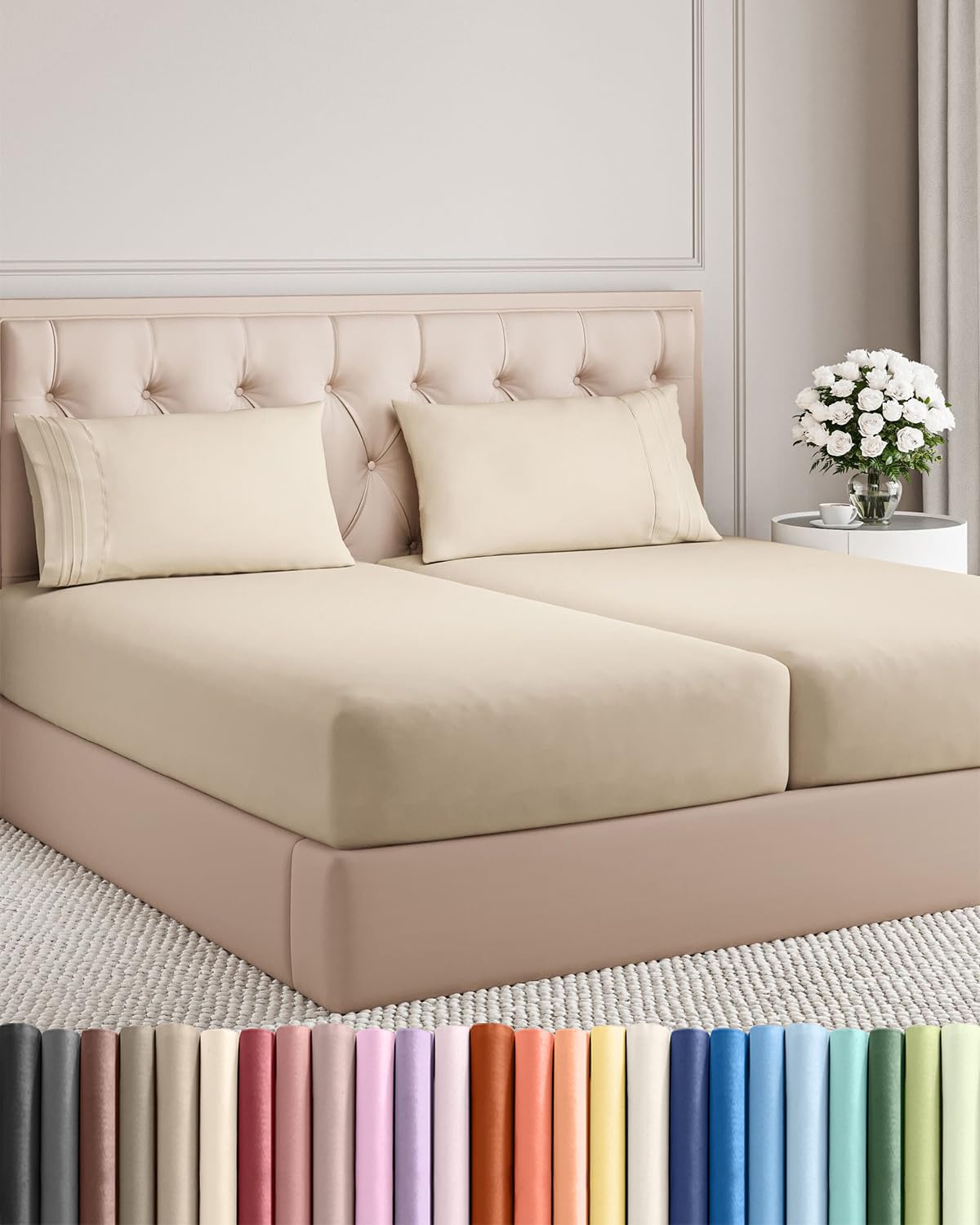 CGK Unlimited split-king flat sheet in wheat for cooling comfort.
