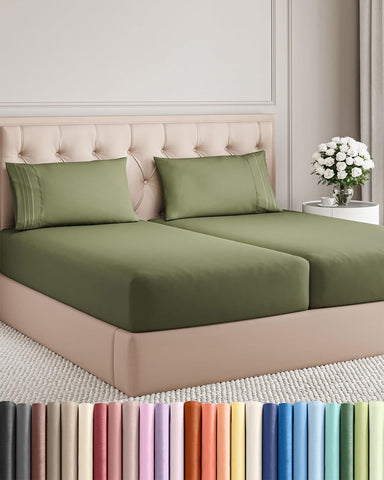 CGK Unlimited split king flat sheet in sage green for cooling, breathable comfort.
