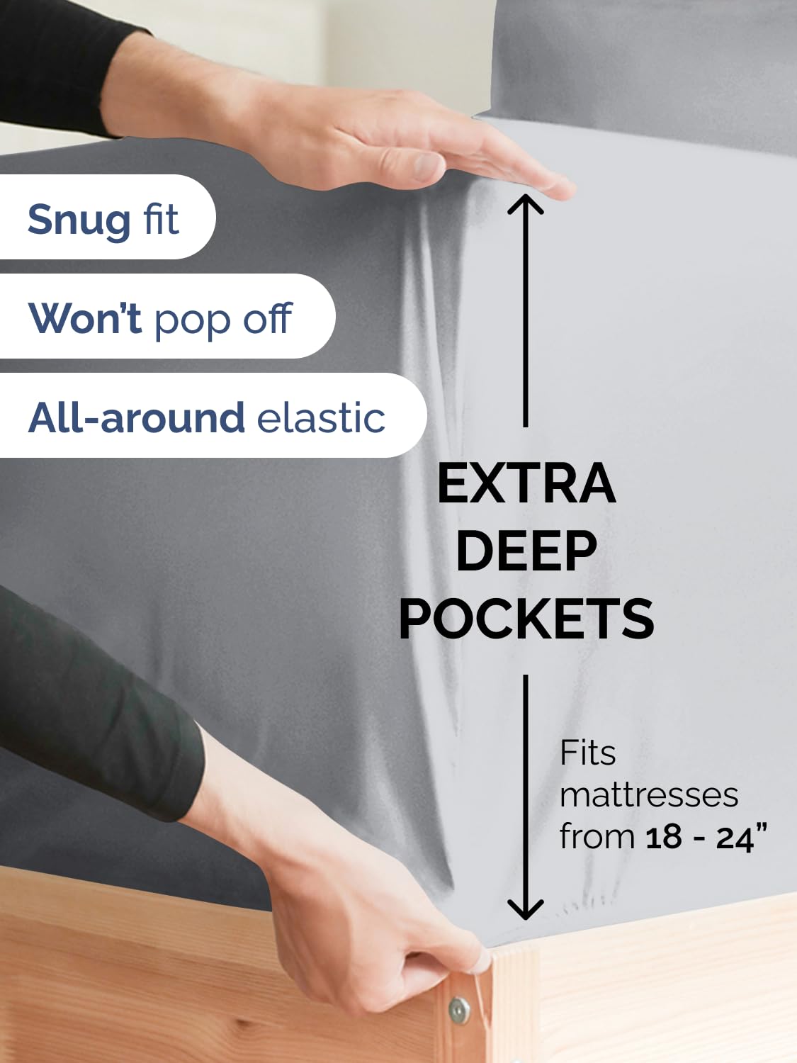 CGK Unlimited steel blue fitted sheet close-up fabric shows soft, durable double-brushed texture.