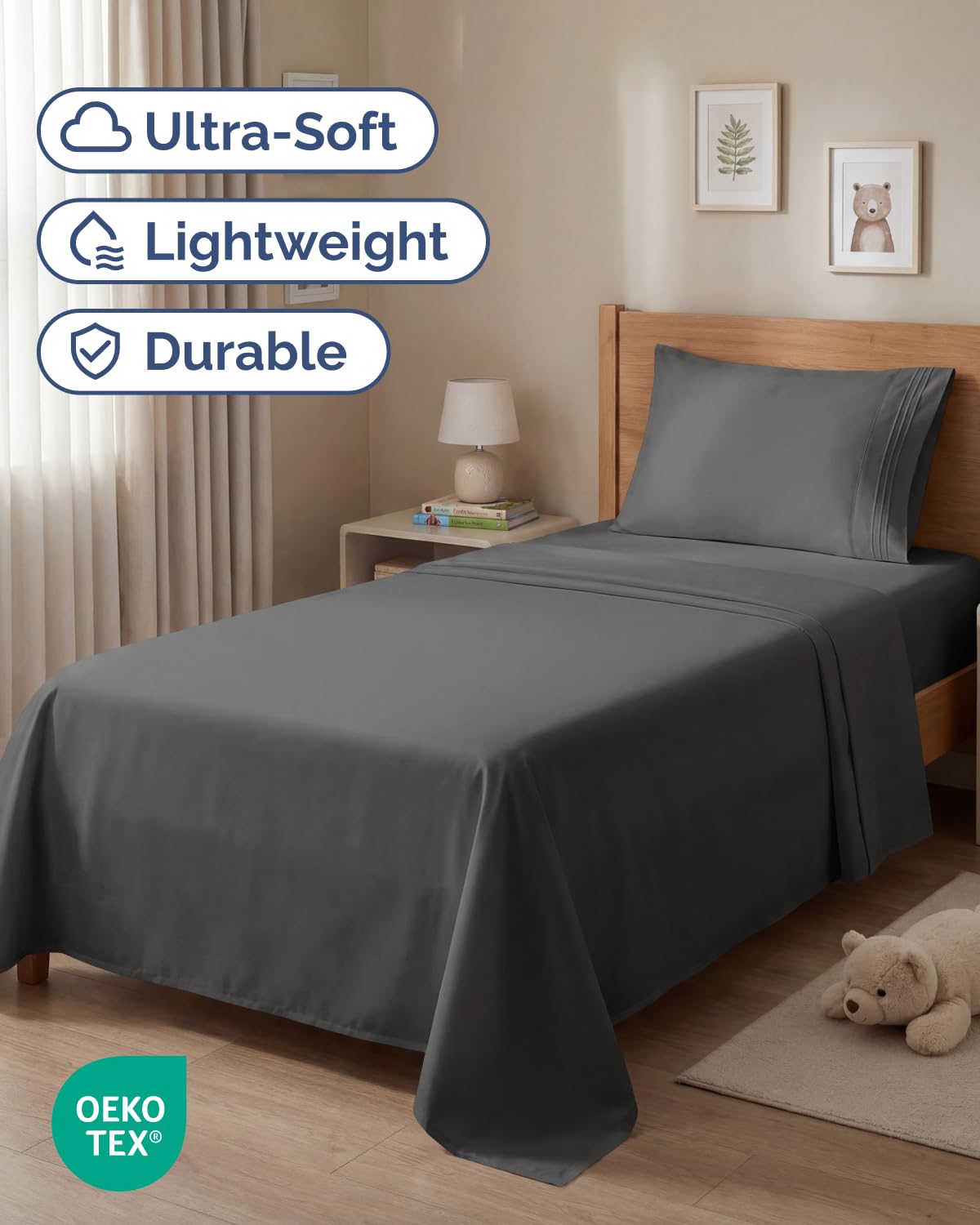CGK Unlimited twin fitted sheet shows 16-inch deep pockets for secure fit.