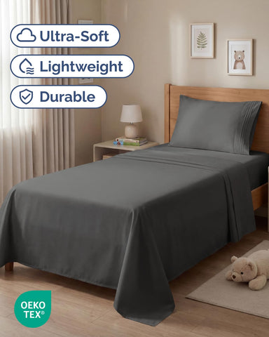 CGK Unlimited twin fitted sheet shows 16-inch deep pockets for secure fit.