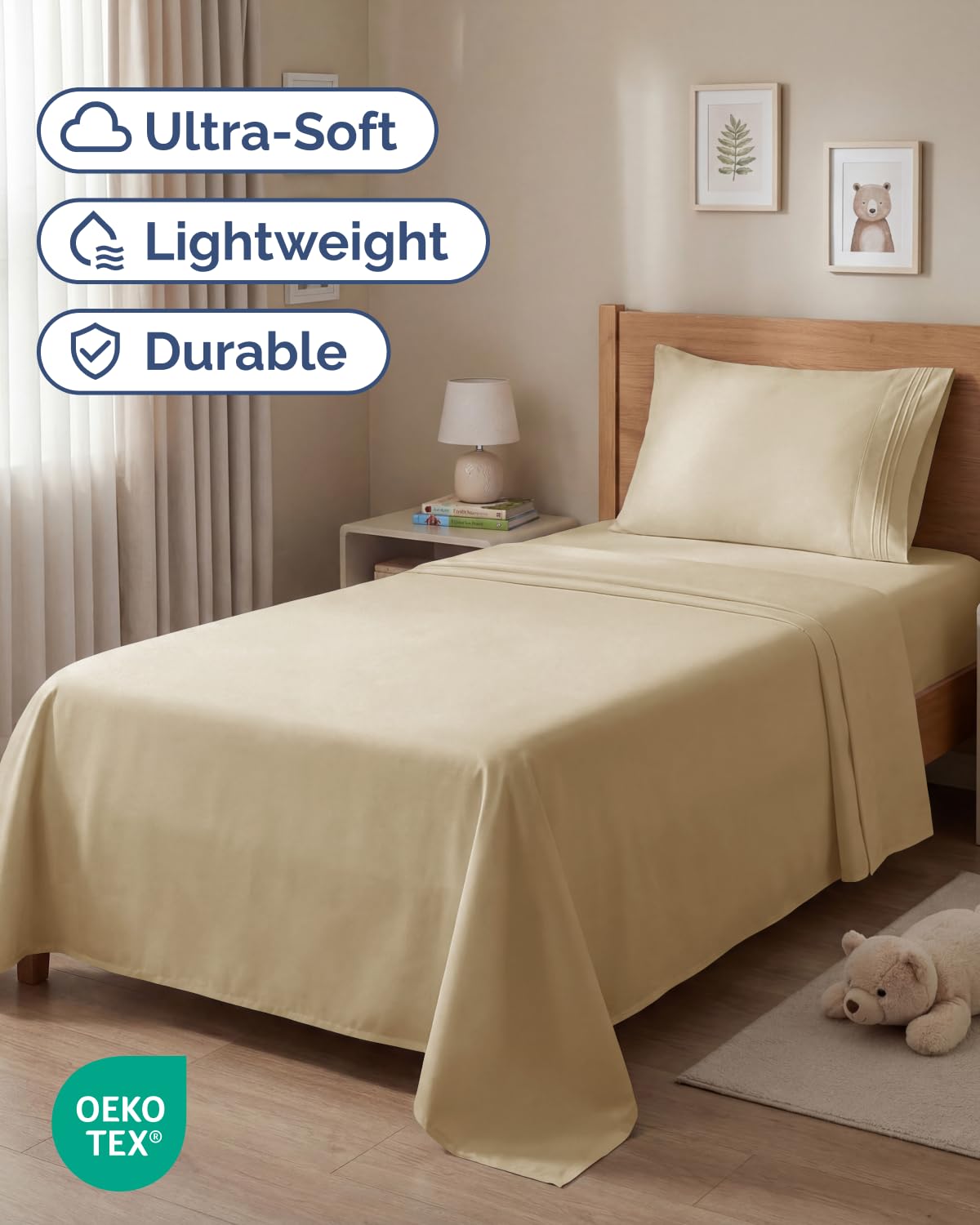 CGK Unlimited twin 3-piece sheet set beige fitted sheet fits mattresses up to 16 inches