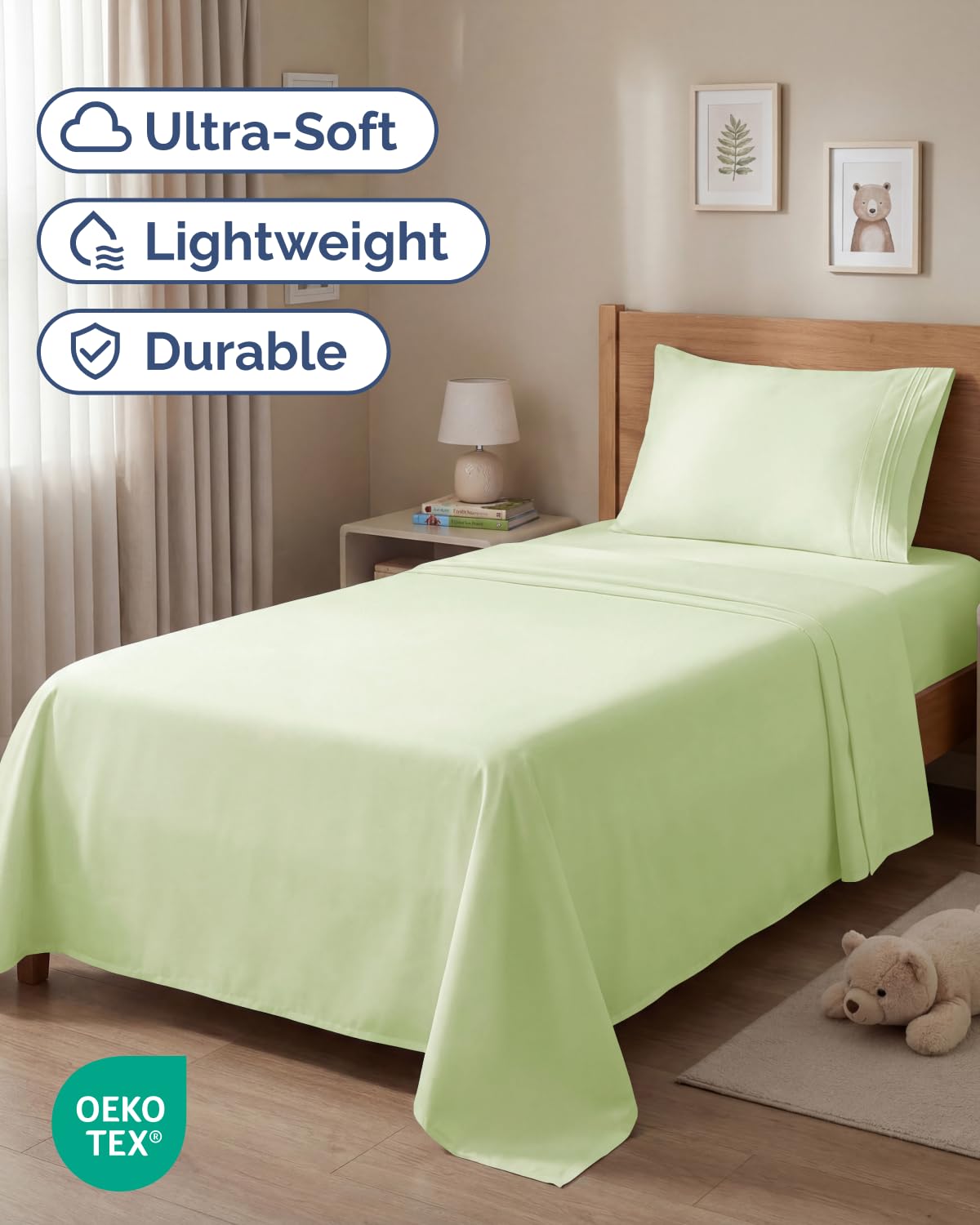 CGK Unlimited twin 3-piece sheet set in cooling environment highlights cooling comfort.