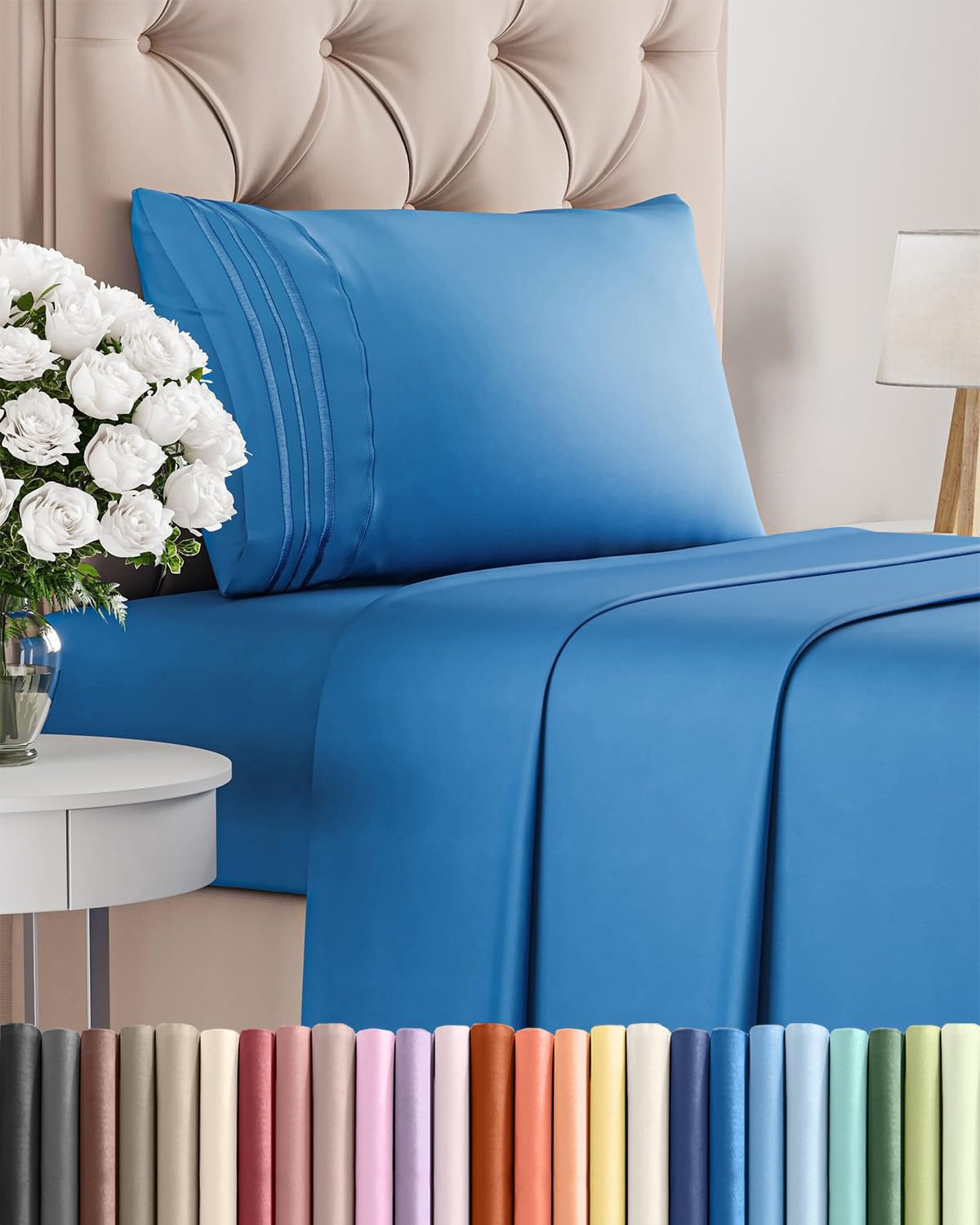 CGK Unlimited twin sheet set royal blue on bed, showcasing cooling breathable fabric.