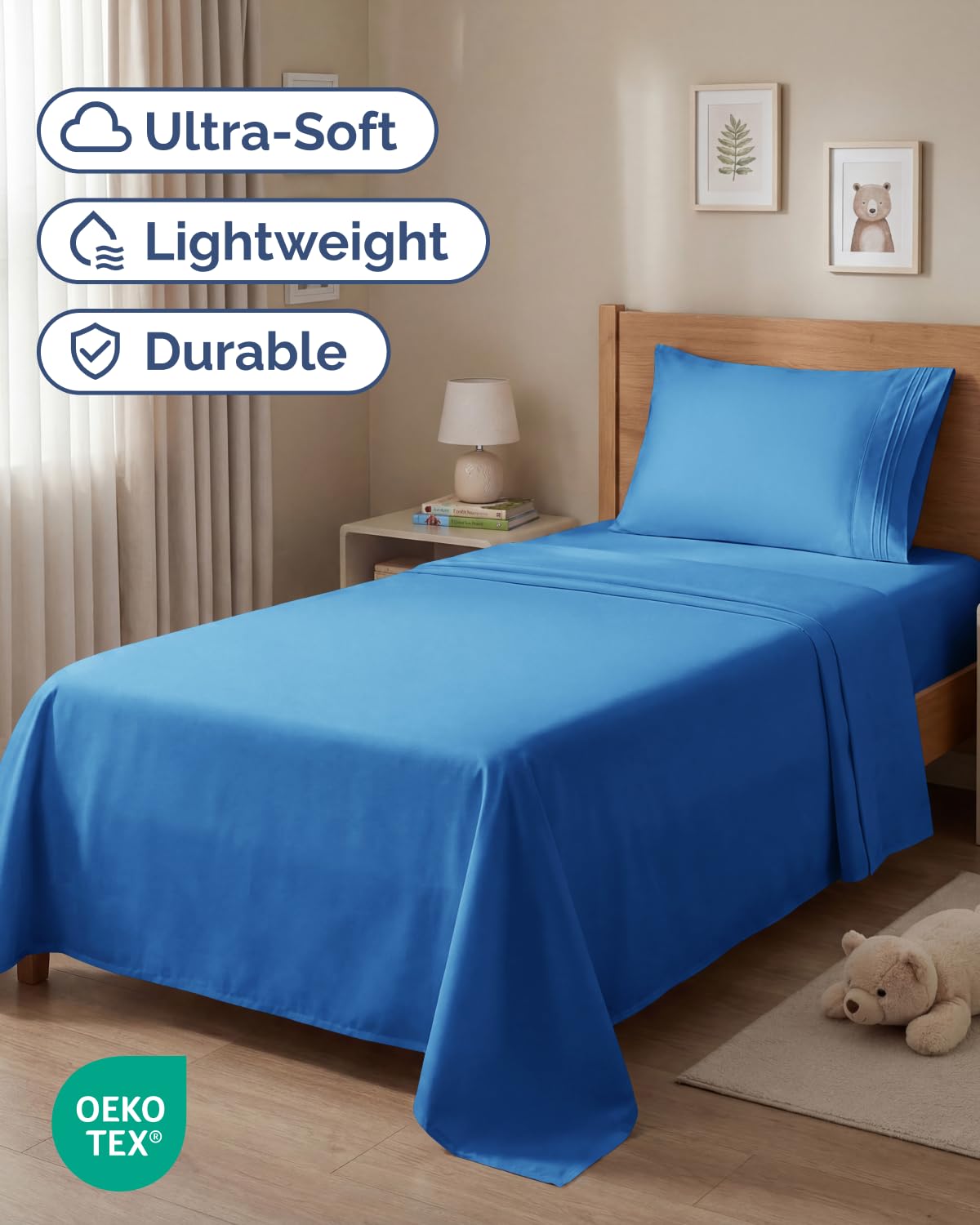 CGK Unlimited royal blue fitted sheet closeup shows deep-pocket design.