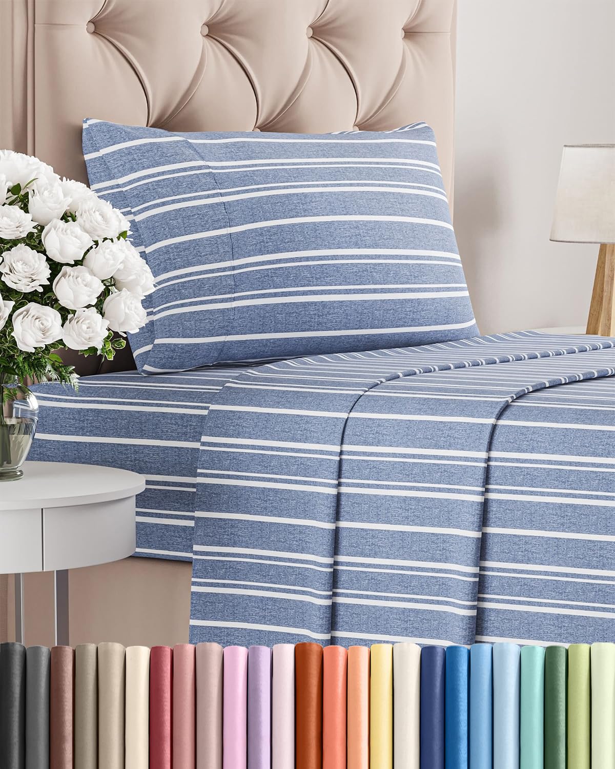 CGK Unlimited twin-size 3 piece sheet set in blue stripes for cool, comfortable sleep