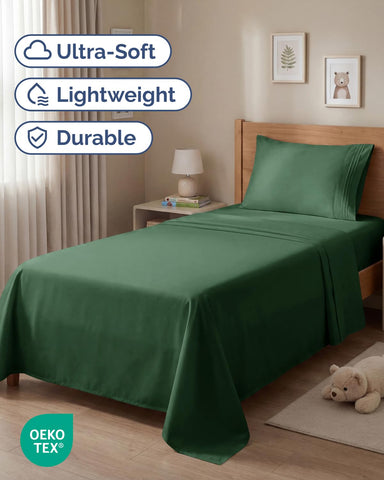 CGK Unlimited emerald green fitted sheet showing deep-pocket fit for tall mattresses.