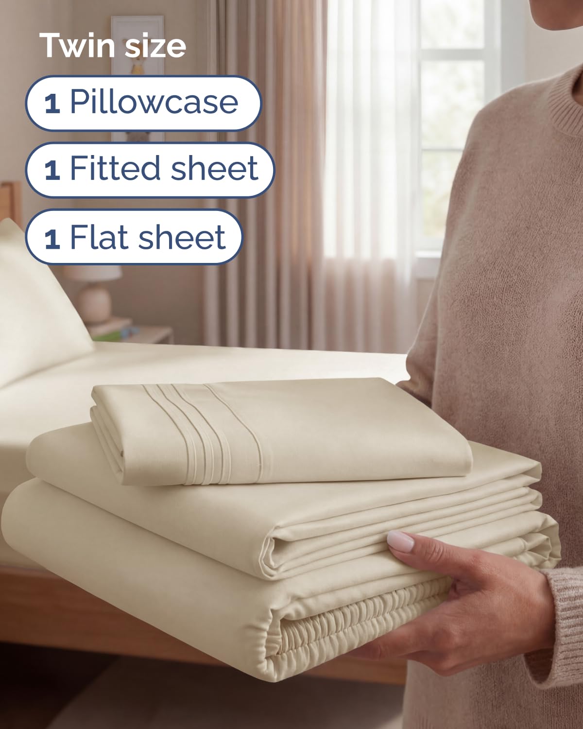 CGK Unlimited Twin 3pc sheet set fitted sheet ensures secure fit with deep pockets.