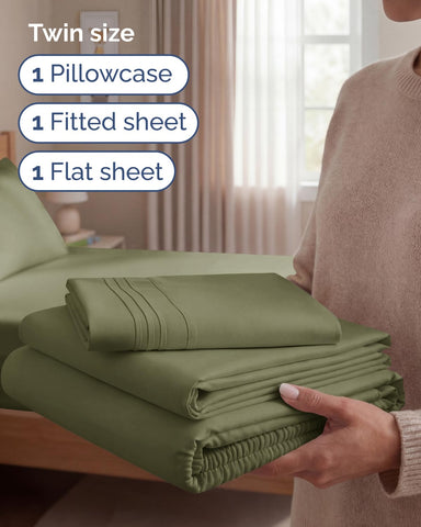 CGK Unlimited twin sheet set fitted sheet on mattress up to 16 inches deep for secure fit.